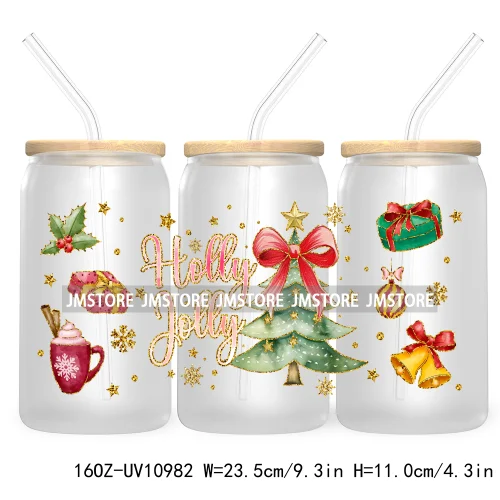 Coquette Glitter Holly Jolly Christmas Tree UV DTF Cup Wrap For Libbey Glass Can Transfer Stickers Waterproof Custom Labels Gift