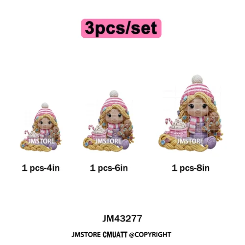 Faux Yarn Pink Hot Cocoa Cartoon Character Santa Cozy Christmas Iron on  DTF Transfers Stickers Ready to Press for T-shirts Bags