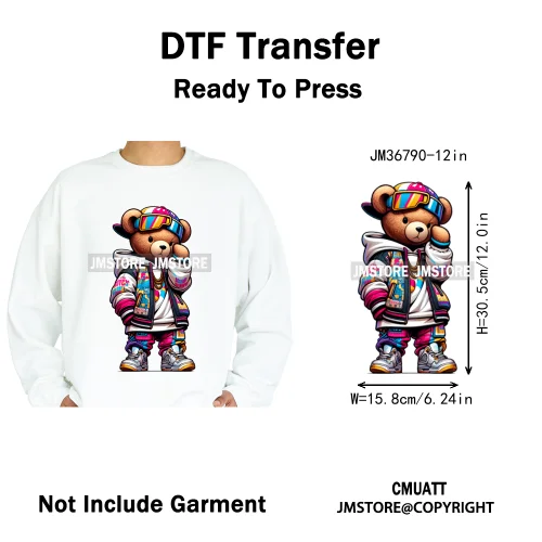12in Cartoon Gangster Hip Hop Streetwear Teddy Bear Lover Designs Iron on DTF Heat Transfers Stickers Ready to Press for Hoodies
