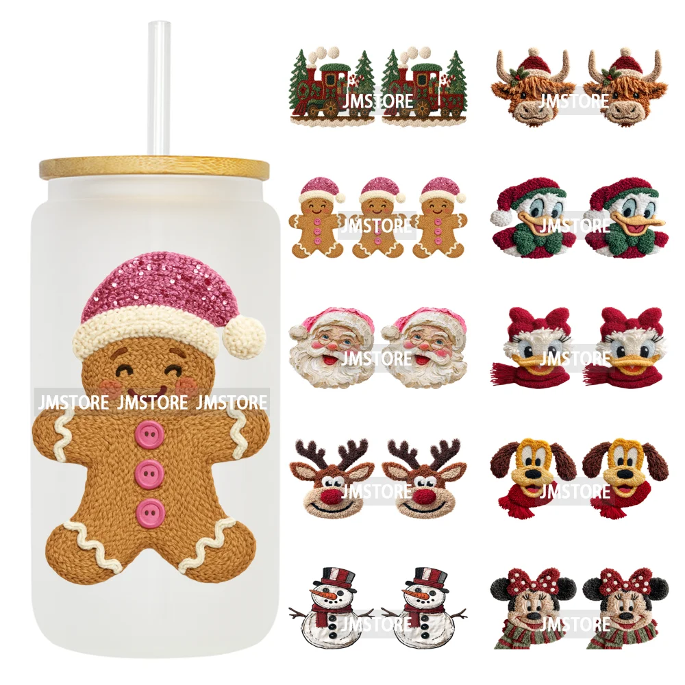 Faux Yarn Christmas Characters UV DTF Cup Wrap Ready To Apply Transfer Stickers Durable 16OZ Tumbler Wraps For Libbey Glass Can
