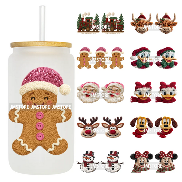 Faux Yarn Christmas Characters UV DTF Cup Wrap Ready To Apply Transfer Stickers Durable 16OZ Tumbler Wraps For Libbey Glass Can