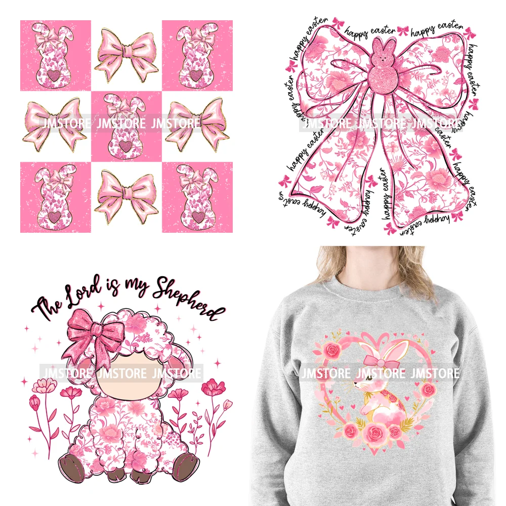 Floral Pink Toile Chinoiserie Coquette Bunny Spring Easter Iron On DTF Heat Transfers Stickers Ready To Press For T-shirts Bags