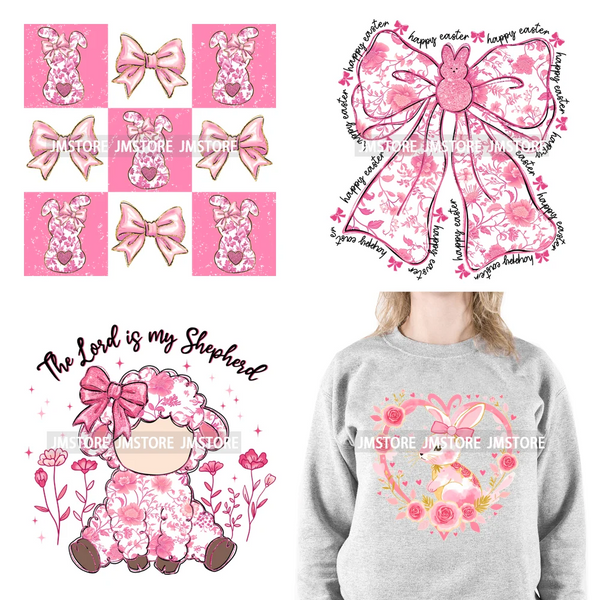 Floral Pink Toile Chinoiserie Coquette Bunny Spring Easter Iron On DTF Heat Transfers Stickers Ready To Press For T-shirts Bags