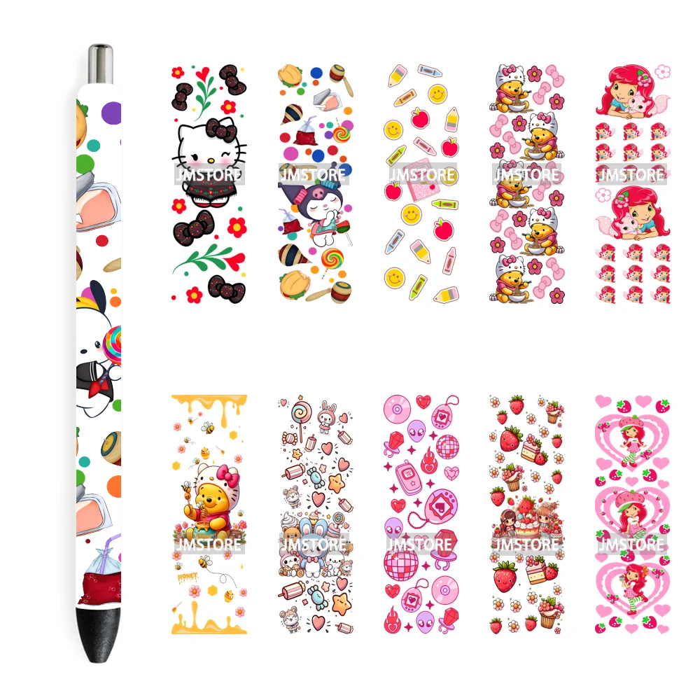 Retro Strawberry Girls Cartoon Bear Bow UV DTF Pen Wraps Transfer Stickers Custom Labels High Quality Waterproof Logo Princess