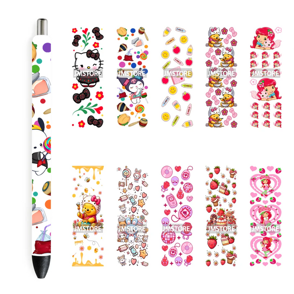 Retro Strawberry Girls Cartoon Bear Bow UV DTF Pen Wraps Transfer Stickers Custom Labels High Quality Waterproof Logo Princess