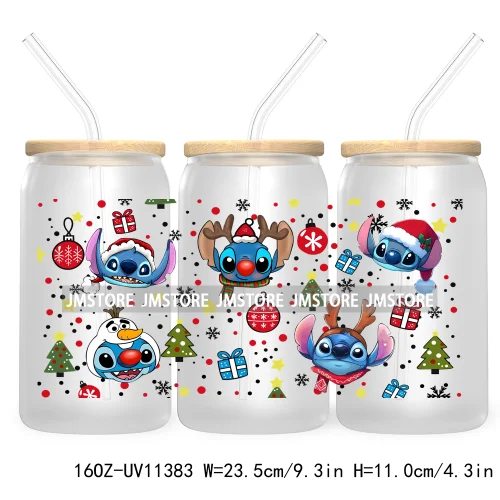 Cute Kids Cartoon Character With Christmas Lights Tree Xmas Holiday UV DTF Transfer 16OZ Libbey Glass Can Wrap Ready to Apply