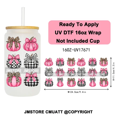 Halloween Fall Autumn Pumpkins Coquette Leopard Bow UV DTF Cup Wrap 16OZ Ready To Apply Transfer Stickers For Libbey Glass Can