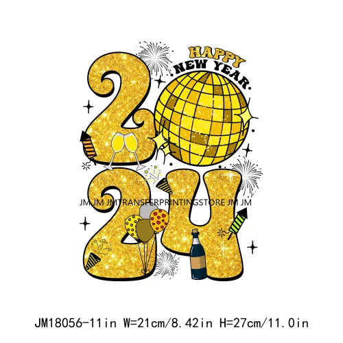 Happy New Year 2024 Printing Cheers To The New Year Faux Glitter Sequin Iron On DTF Transfer Sticker Ready To Press For Clothing