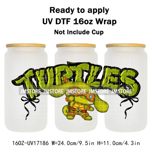 Coquette Bow Cartoon Turtles Characters 16OZ UV DTF Cup Wraps Ready To Apply Waterproof Transfer Stickers For Libbey Glass Can