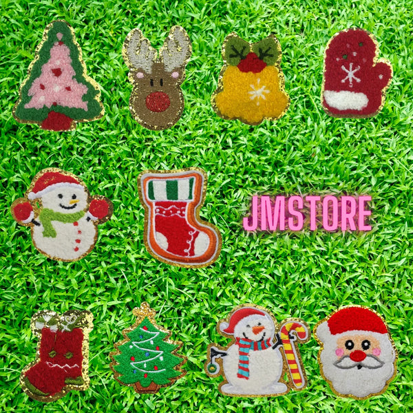 Cute Santa Claus Socks Snowman Merry Christmas Winter Vibes Glitter Sequin Iron on Embroidered Chenille Patches for Hoodies