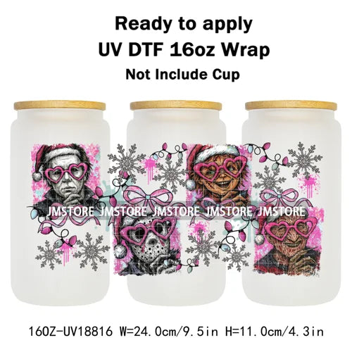 Coquette Bow Cartoon Christmas Green Guy UV DTF Cup Wrap Ready To Apply Transfer Stickers Waterproof For 16OZ Libbey Glass Can