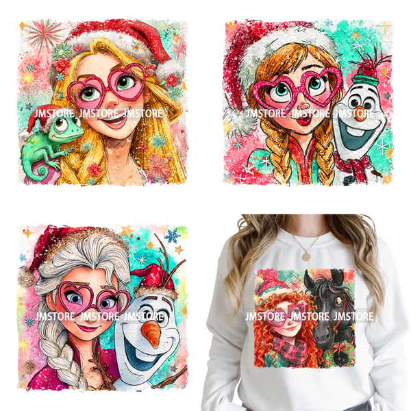 Glasses Cartoon Princess Animal Christmas Brushstroke Festive Vibes Iron on DTF Transfers Stickers Ready to Press for Hoodies