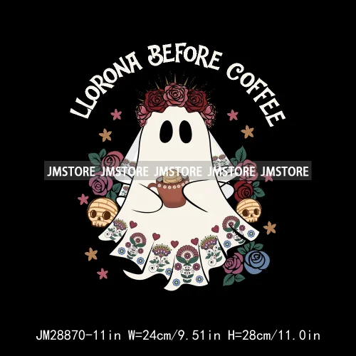 Ghost Espooky Vibes Conchas Llorrona Before Coffee Cafecito Aqui Espantan Halloween Iron On DTF Transfer Stickers For Clothing