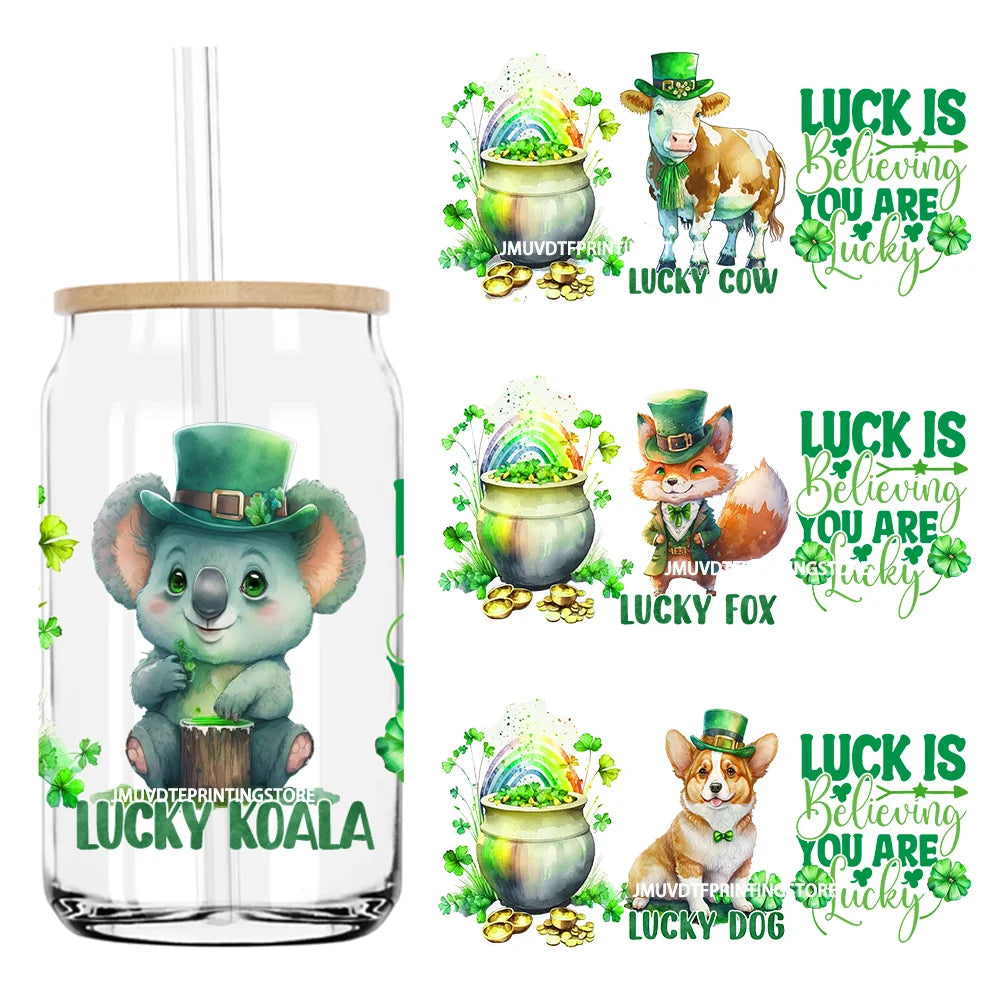 St. Patrick's Day Animals 16OZ UV DTF Cup Wrap Transfers Stickers Custom Labels DIY Waterproof Logo For Libbey Glass Can