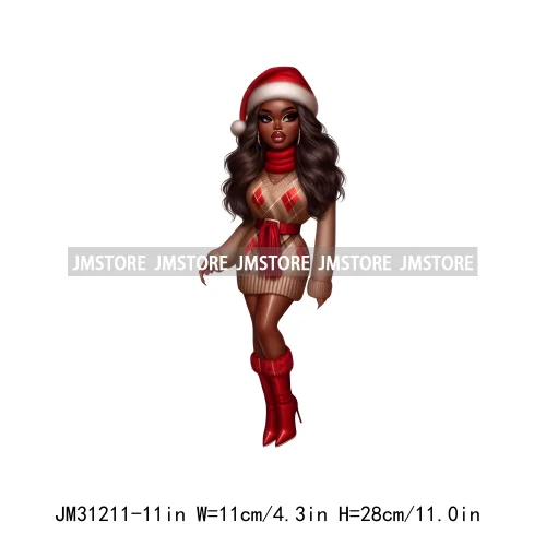 Merry And Bright Melanin Christmas Winter Festive Cheer Santa Woman Iron On DTF Transfer Stickers Ready To Press For Sweatshirts