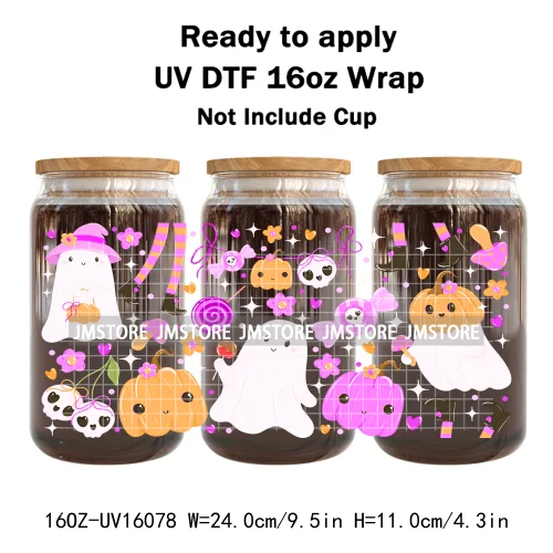 Cute Halloween Ghost Black Cat UV DTF Wraps Transfer Sticker Selfadhesive Waterproof Prints For 16OZ Libbey Glass Can Tumbler