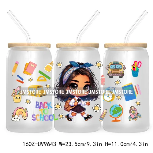 Back To School Cartoon Princess 16OZ UV Cup Wrap DTF Transfer Sticker For Libbey Glass Can Cups Tumbler Waterproof Label Teacher