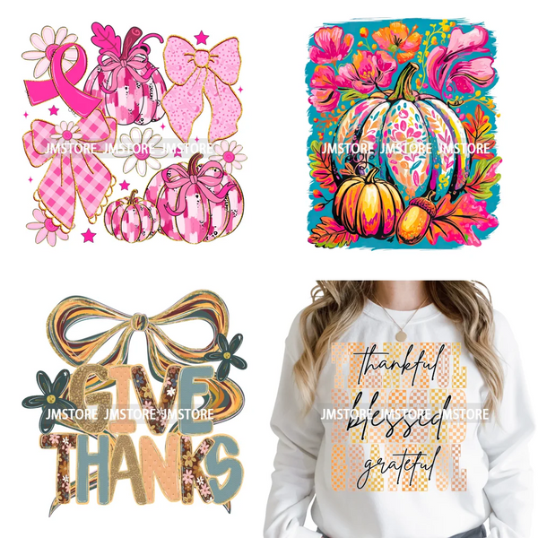 Colorful Coquette Fall Pumpkin Vibes Floral Give Thanks Jesus Hope Iron on DTF Transfers Stickers Ready to Press for Hoodies Bag