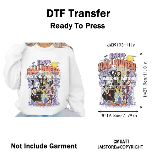 Funny Halloween Spooky Vibes Cartoon Characters Pumpkin Iron on DTF Washable Transfers Stickers Ready to Press for T-shirts Bags