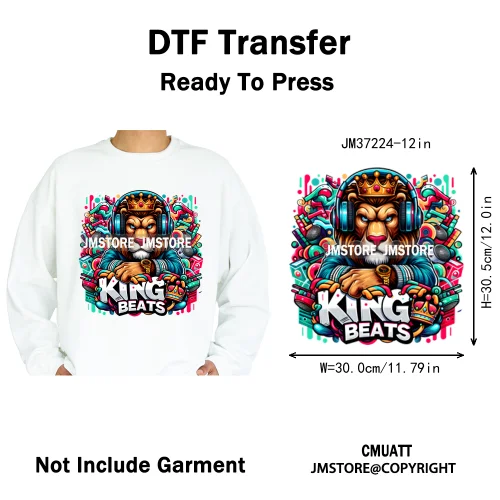 12in Cool Jungle King Beats Graffiti Hip Hop Animals Lover Iron on DTF Thermal Transfers Stickers Ready to Press for T-shirts