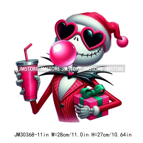 Horror Pink Christmas Bright Light Blowing Bubble Cartoon Character Iron On DTF Transfers Stickers Ready To Press For Hoodies