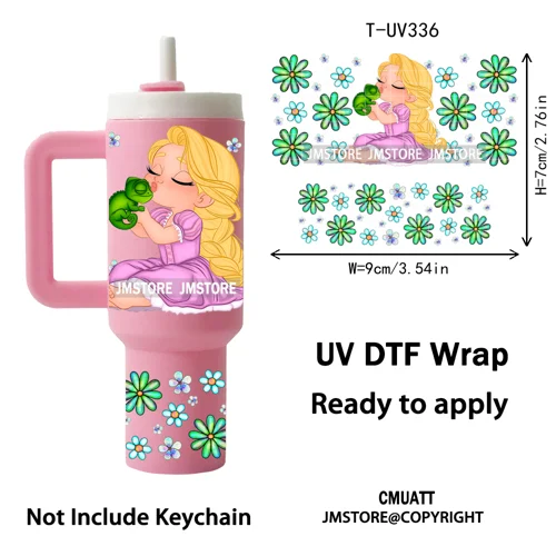 Watercolor Little Girl Cartoon Princess Flowers UV DTF Wraps Ready To Use Transfer Stickers Waterproof For Mini Tumbler Keychain