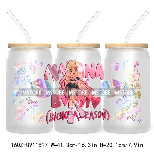 Cartoon Girls Bichota Doll Season Concert Wire Heart Manana Sera Bonito UV DTF Stickers Cup Wraps For 16OZ Libbey Glass Can