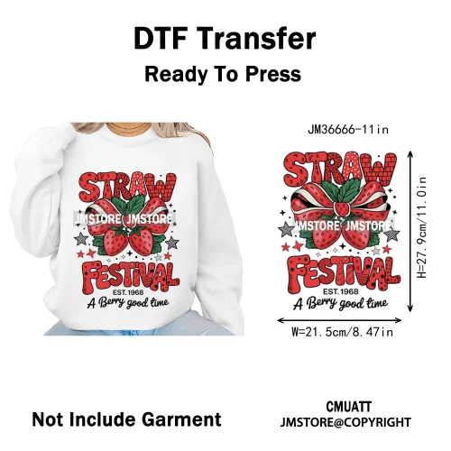 Boho Coquette Floral Strawberry Festival Vibes Summer Fruit Iron on DTF Thermal Transfer Sticker Ready to Press for Clothes Bags