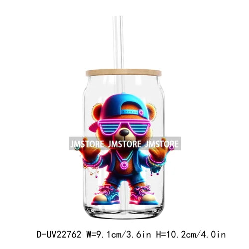 Colorful Neon Teddy Bear Urban Style UV DTF Transfers Stickers Decals For Libbey Cold Cups Mugs Tumbler Waterproof DIY Craft