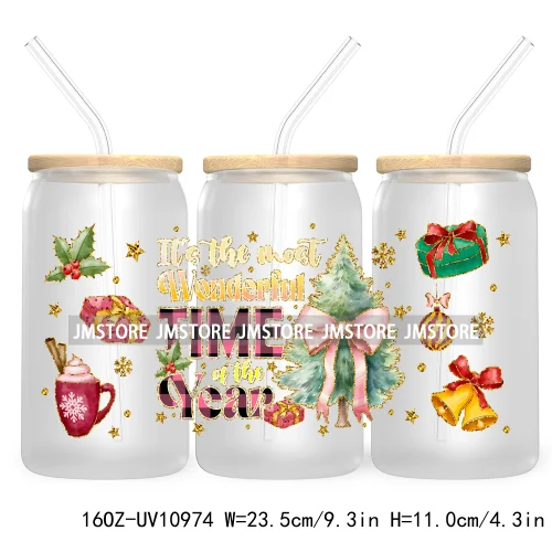 Coquette Glitter Holly Jolly Christmas Tree UV DTF Cup Wrap For Libbey Glass Can Transfer Stickers Waterproof Custom Labels Gift