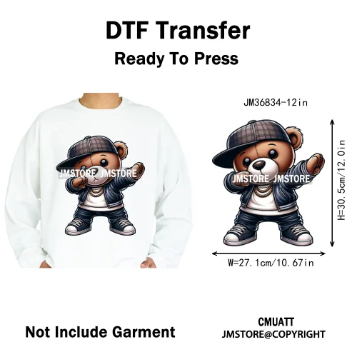 12in Hip Hop Vibes Urban Style Rich Bear With Gold Chains King Animal Iron on DTF Transfers Stickers Ready to Press for Textile
