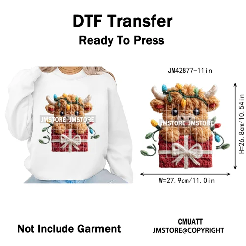 Faux Latch Hook Yarn Crochet Christmas Highland Cow Santa Iron on DTF Washable Transfer Stickers Ready to Press for Garment Bags