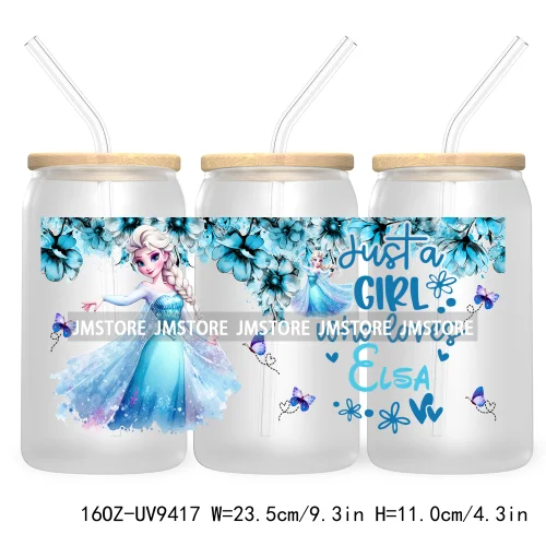 Just A Girl Who Loves Cartoon Princess 16OZ UV Cup Wrap DTF Transfer Stickers For Libbey Glass Can Cups Tumbler Waterproof Label