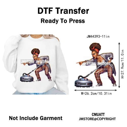 Angry Office African Girl Sassy Moods Housework Mom Iron on Washable DTF Heat Transfer Stickers Ready to Press for T-shirts Bags