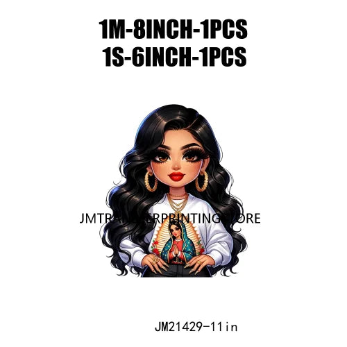 Chibi Cute Chicana Doll Guadalupe Lady Skull Latina Woman Cold Peel Decals Iron On DTF Transfers Stickers For Shirts Bags Pillow