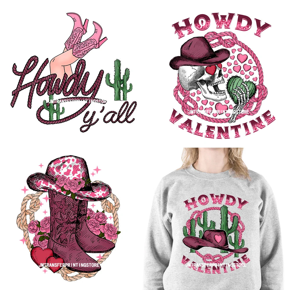 Pink Love Howdy Honey Valentine's Day Printing Designs Iron On Western Cowgirl Boat Hat DTF Transfers Stickers For T-Shirts Bag