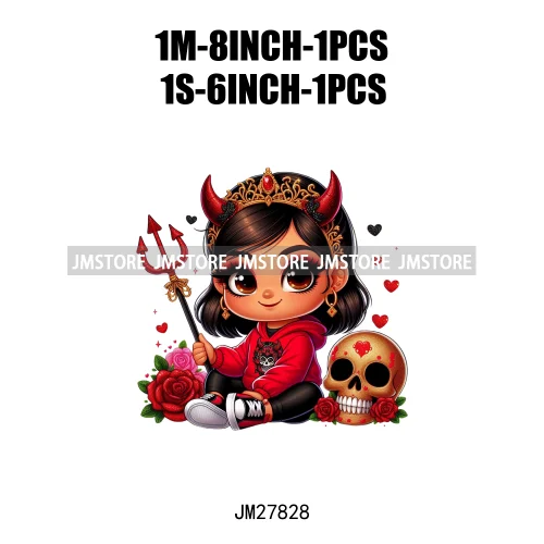 Chibi Cute Halloween Devil Latina Baby Hispanic Girls Skull Red Rose DTF Iron On Transfer Stickers Ready To Press For Sweatshirt