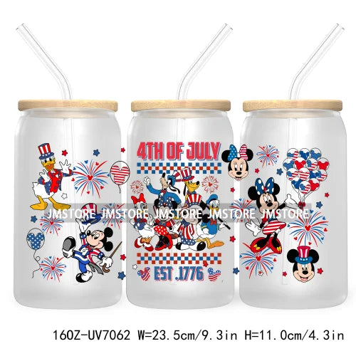 Happy 4TH Of July Cartoon Bear Friends 16OZ UV DTF Cup Wrap Transfer Stickers For Libbey Glass Can Cups Tumbler Waterproof Craft