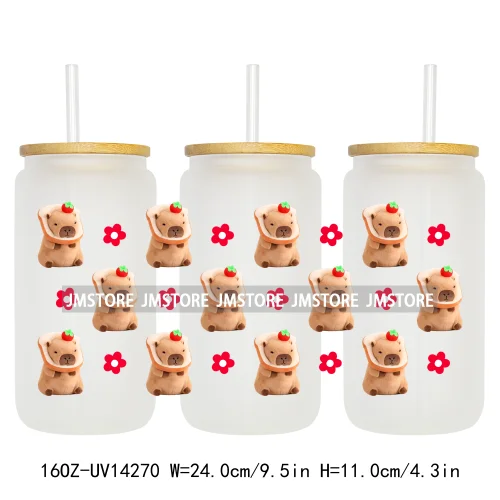 Cute Capybara Flower Heart UV DTF Wraps Transfer Sticker Selfadhesive Waterproof High Quality For 16OZ Libbey Glass Can Tumbler