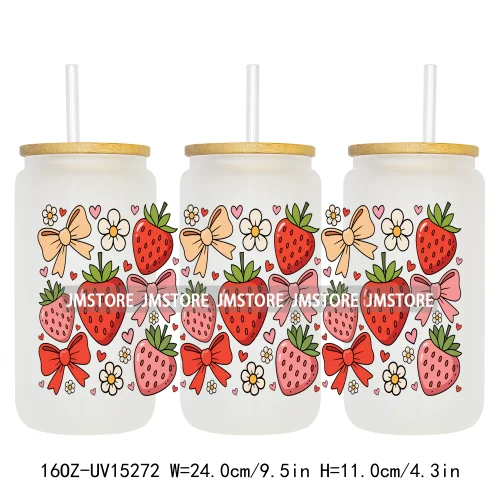Floral Strawberry Coquette Bow 16OZ UV DTF Cup Wraps Ready To Apply Waterproof Transfer Stickers For Libbey Glass Can Tumbler