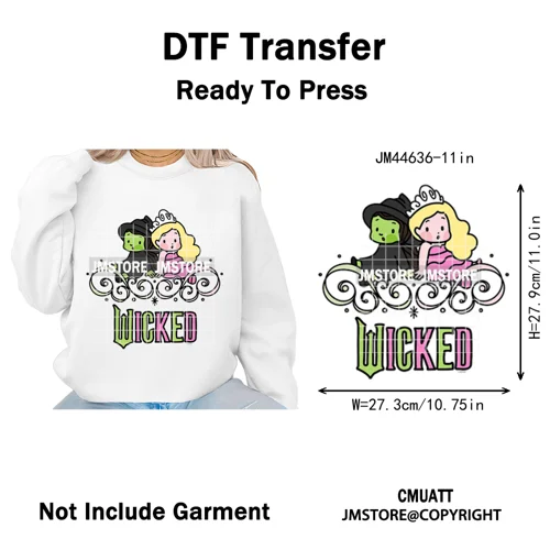 Pink and Green Magic Broomstick Witches Movie Fans Iron on Washable DTF Heat Transfers Stickers Ready to Press for Sweatshirts