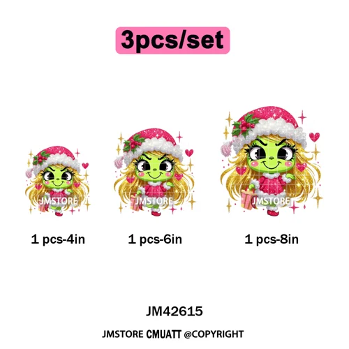 Faux Glitter Cartoon Christmas Movie Green Santa Kid Girly Xmas Iron on DTF Washable Transfer Sticker Ready to Press for Textile