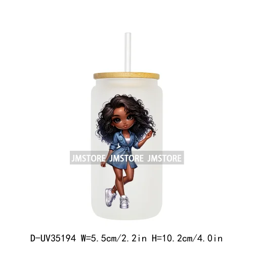 Fashion Black Chibi Denim Girl UV DTF Transfer Stickers Decals Ready To Apply Waterproof For 16OZ Libbey Glass Can Cup Tumbler