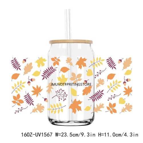 Fall Autumn Pumpkin Flower 16OZ UV DTF Cup Wrap Transfer Stickers Custom Labels DIY Durable Waterproof Logo For Libbey Glass Can