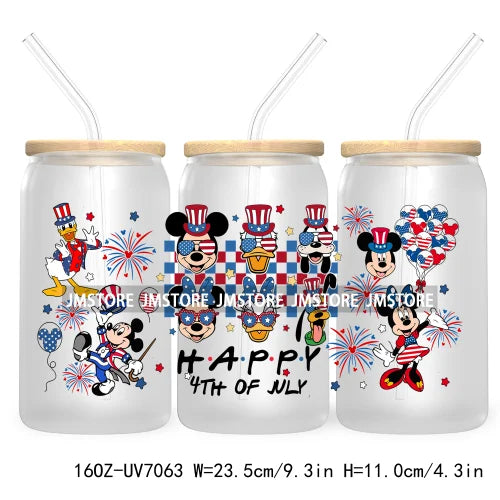 Happy 4TH Of July Cartoon Bear Friends 16OZ UV DTF Cup Wrap Transfer Stickers For Libbey Glass Can Cups Tumbler Waterproof Craft