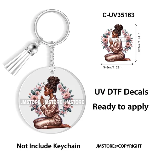 Christian Jesus God Pray Afro Girl UV DTF Decal Round Keychain Ready To Apply WaterProof Transfer Stickers For Circle Keychain