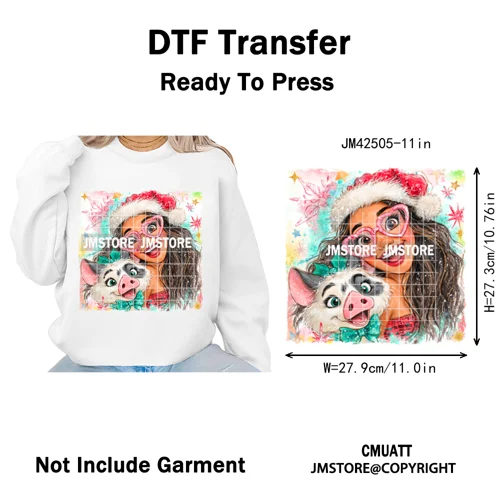 Glasses Cartoon Princess Animal Christmas Brushstroke Festive Vibes Iron on DTF Transfers Stickers Ready to Press for Hoodies