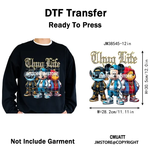 Cool Hip Hop Cartoon Animal Characters Streetwear Thug Life Iron on DTF Washable Transfers Stickers Ready to Press for Clothes