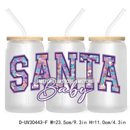 Merry And Bright Santa Baby New Year 16OZ UV Cup Wrap DTF Transfer Stickers For Libbey Glass Cups Tumbler Family Christmas Mommy