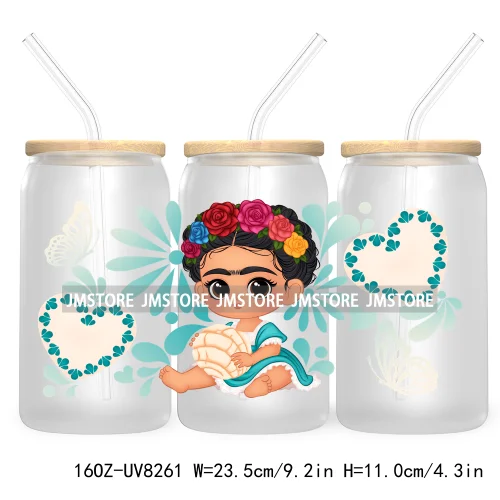 Mexican Butterfly Flowers 16OZ UV DTF Cup Wrap Transfer Sticker Custom Label Waterproof Logo For Libbey Glass Can Latina Culture